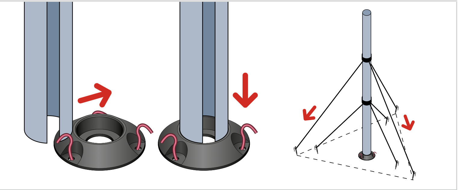 Mast being slid into base cap and fully deployed with both collars secured and guyed