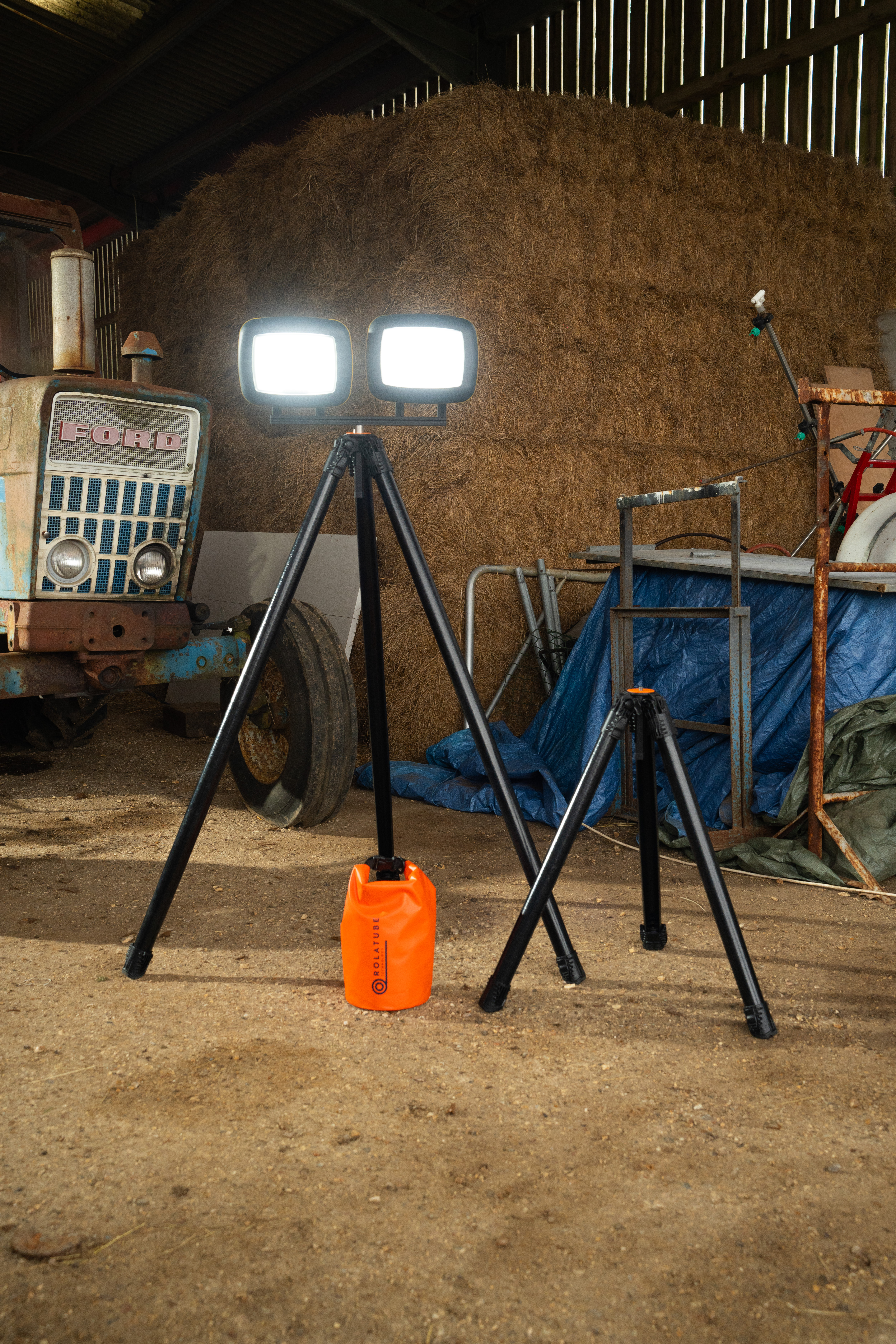 Rolatube ICT tripods deployed with floodlights in barn