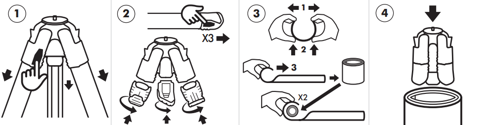 Storage instructions — fold legs, remove, roll and pack into bag