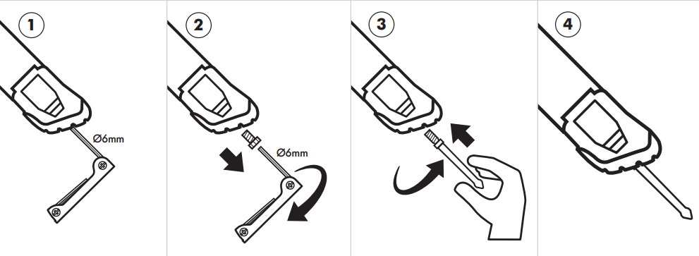 Connecting foot spikes — 4 step diagram using 6mm allen key