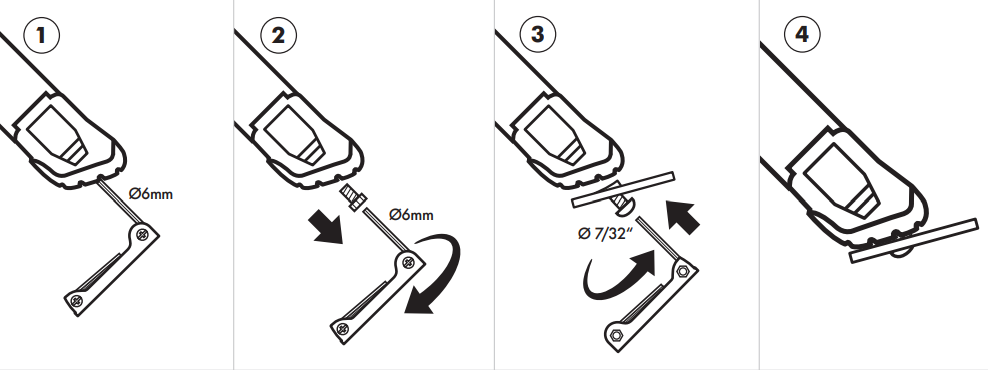 Connecting peg plates — 4 step diagram using 6mm and 7/32 inch allen keys
