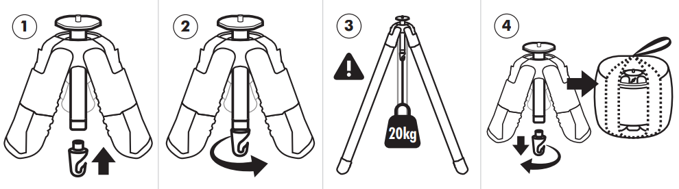 Attaching hook — 4 step diagram showing hook attachment to tripod head for hanging loads up to 20kg