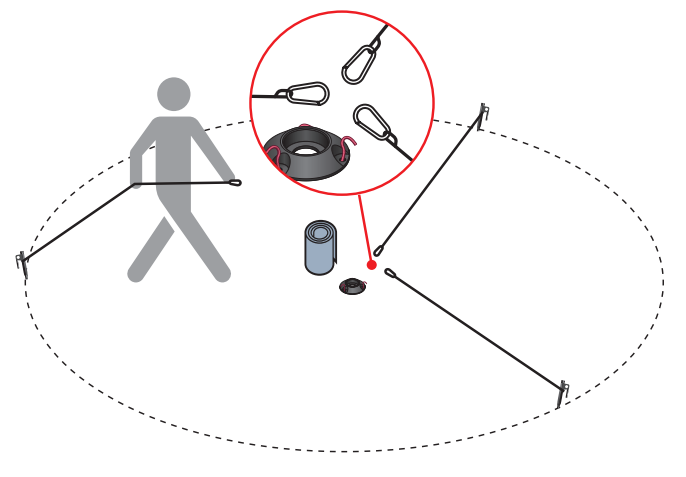 Guy ropes connected to pegs with snap hooks laid out
