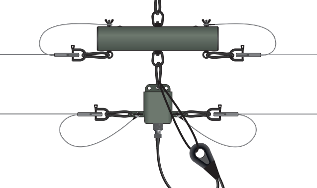 Hoist rope and radio cable connected to antenna assembly