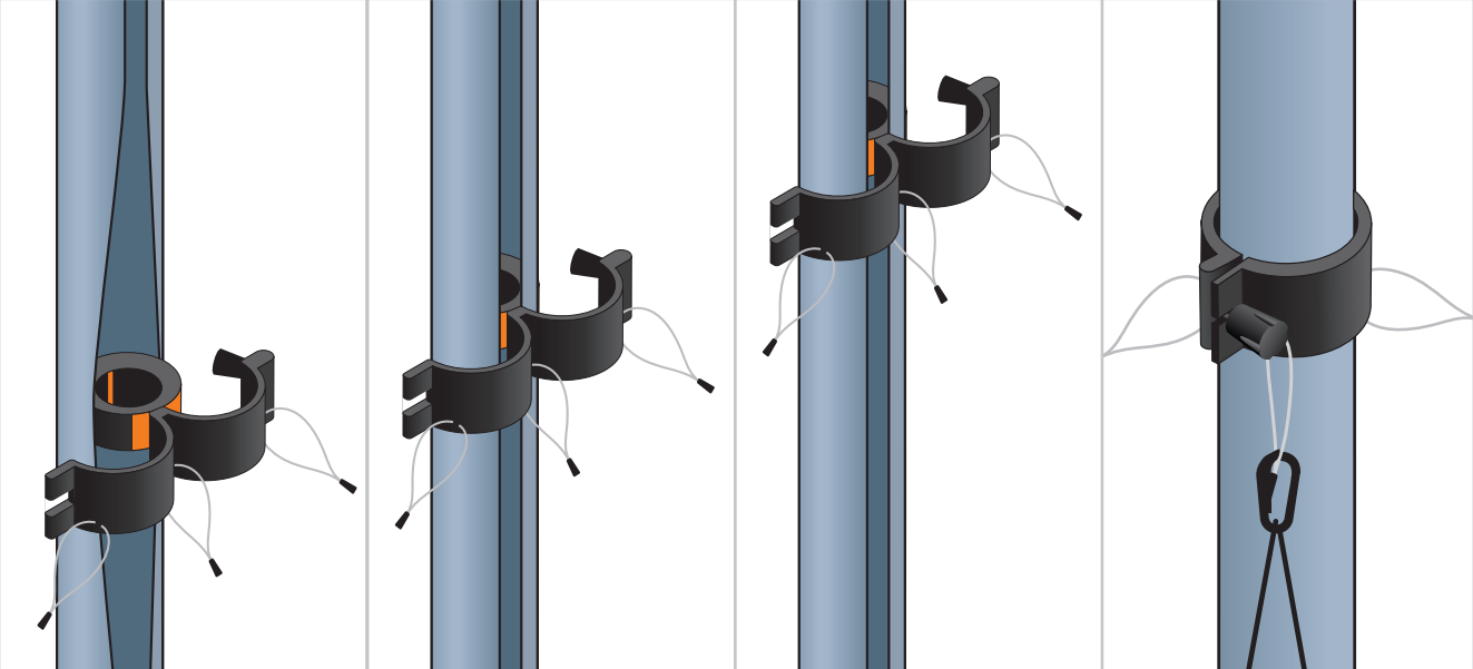 Secondary cuff fitting sequence — four views showing attachment to mast
