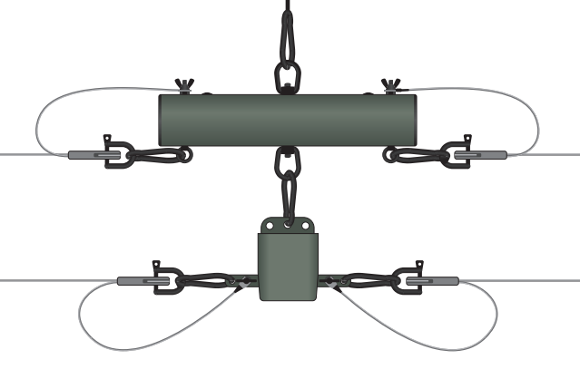 Hoist rope and dipole antenna legs connected to assembly