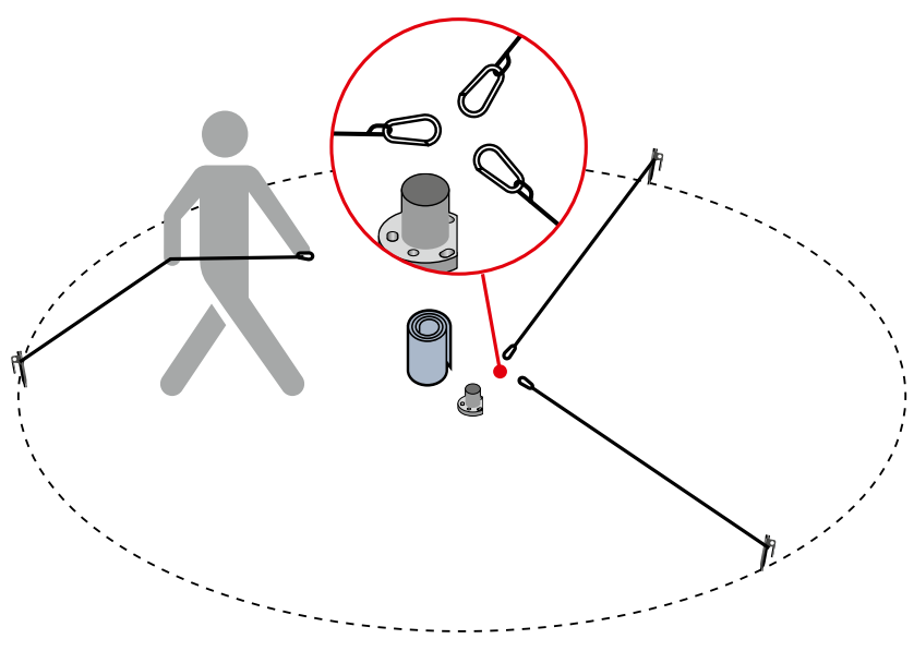 Guy ropes connected to pegs with snap hooks laid out