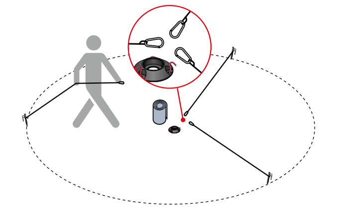 Guy ropes connected to pegs with snap hooks laid out