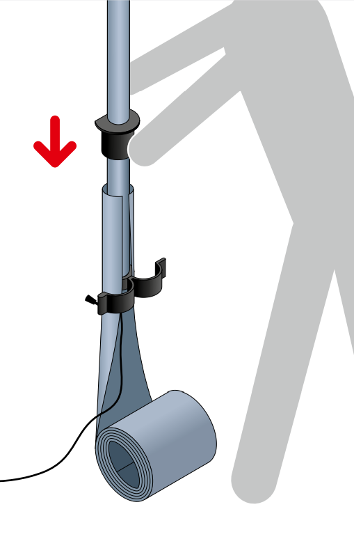 IAM/insert/mount being lowered through the top of the System 75 mast with red arrow indicator