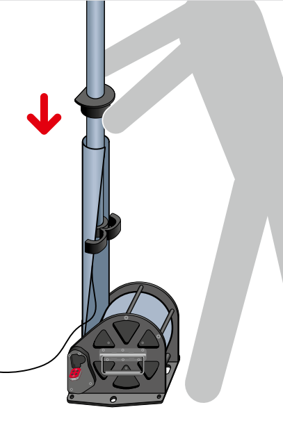 IAM/insert/mount structure being lowered through the top of the System 100 mast with red arrow indicating direction