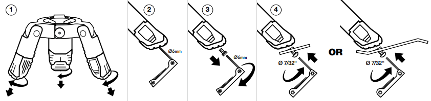 Step 1 &mdash; detach feet from head unit, attach ground plates using hex keys (4-panel diagram)