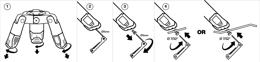 Step 1 &mdash; detach feet from head unit, attach ground plates (4-panel diagram)