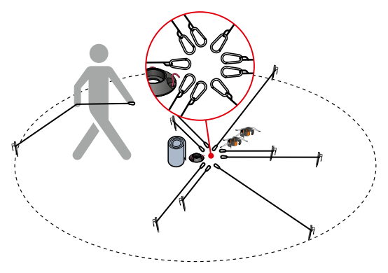 Guy ropes connected to pegs with snap hooks laid out near rolled mast