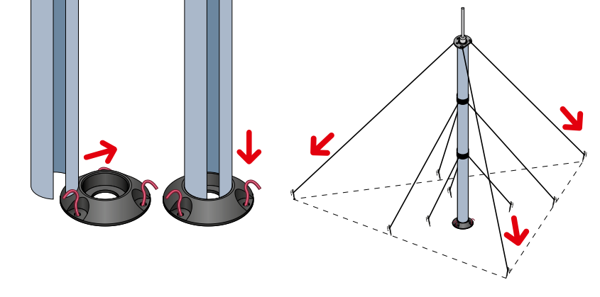 Mast being slid into base cap with secondary cuffs visible, and fully deployed mast with all guy ropes secured