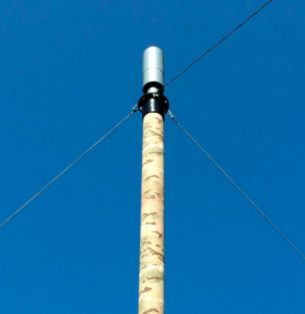 Close-up of deployed mast top cap with payload and guy ropes