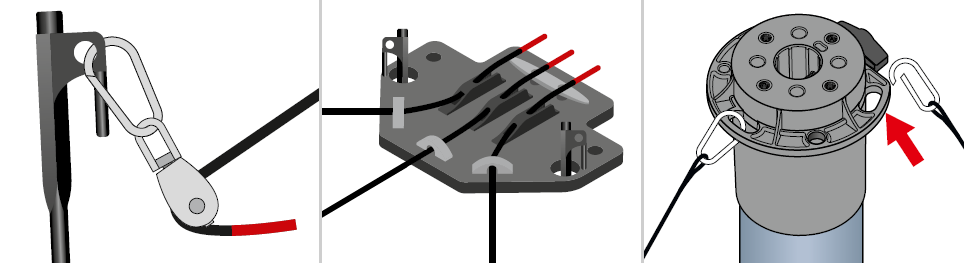 Three views: pulley on peg with red-marked rope, ropes threaded through CGC base plate, and rope clipped to top cap
