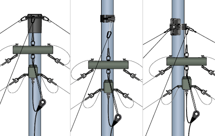 Antenna raised on mast — three views showing top cap, secondary cuff and slot locker mounting options