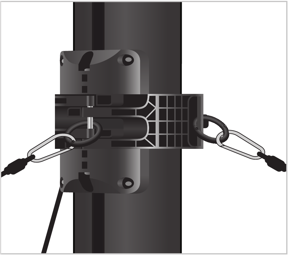 Slot locker cuff secured around the mast with triangulated guy rope snap hooks attached to its rings