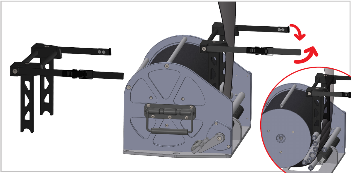 Deployment brace positioned within the tube slot with legs seated on the roller