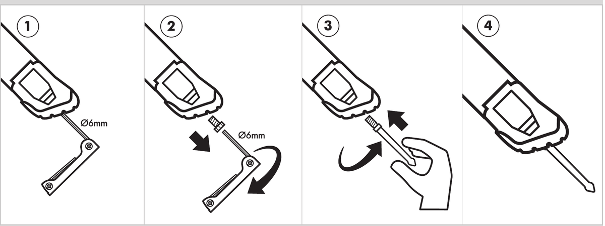 Connecting foot spikes — four illustrated steps using the 6mm Allen key