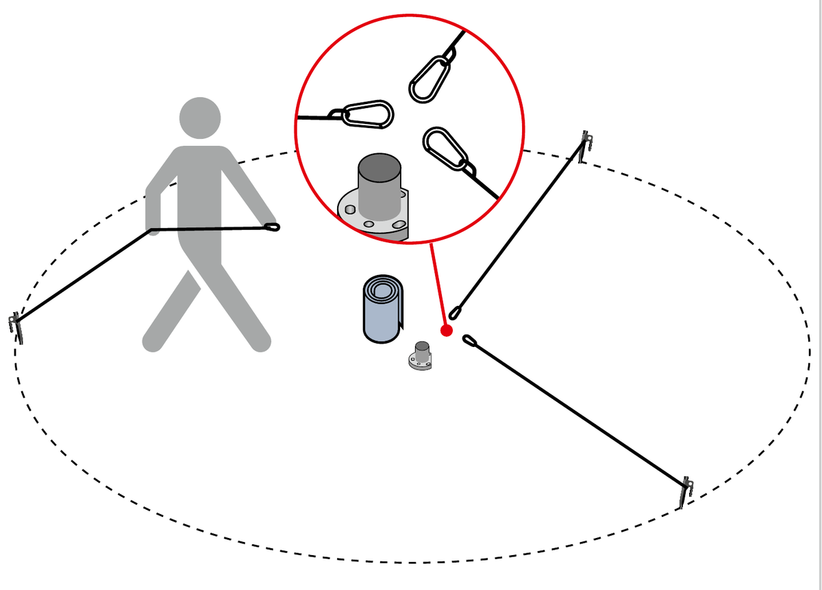 Guy ropes connected to pegs with snap hooks laid out ready for connection