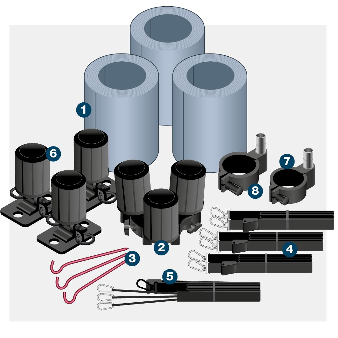 System 50 tripod components — 8 items with numbered callouts