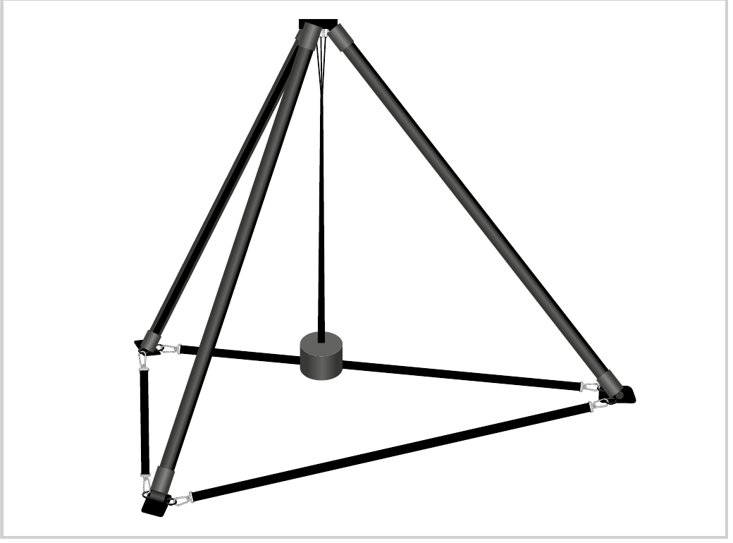 Deployed tripod with leg ties secured and weighted central pull down attached