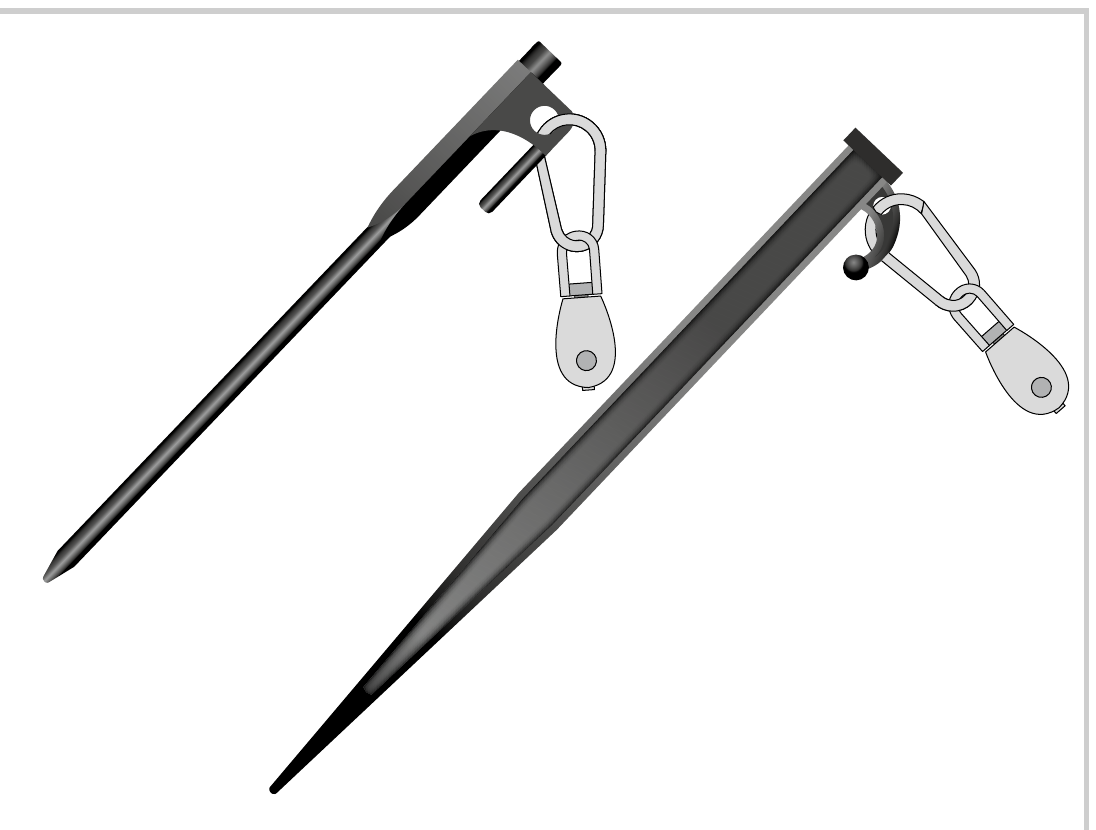 Two ground pegs with guy rope pulleys clipped on