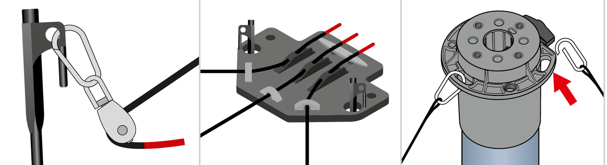 Guy rope red end at the pulley, routed through the CGC base plate, and clipped to the mast top cap