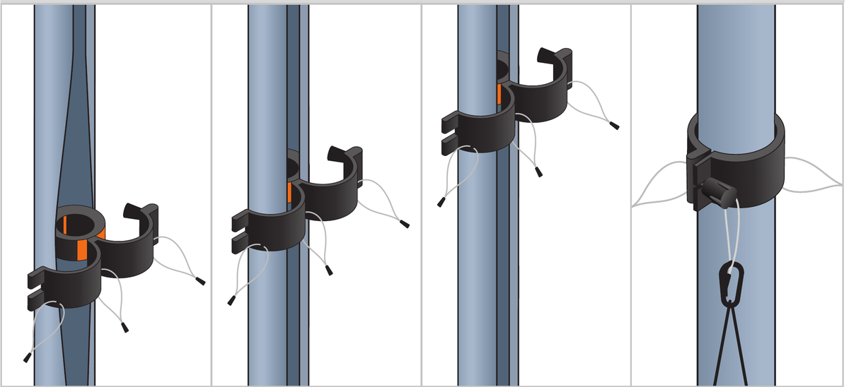 Four-stage sequence fitting the secondary cuff to the mast and clipping on the hoist rope lanyard