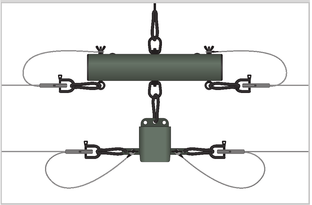 Dipole antenna legs connected to the resistor tube and balun with strain relief snap hooks