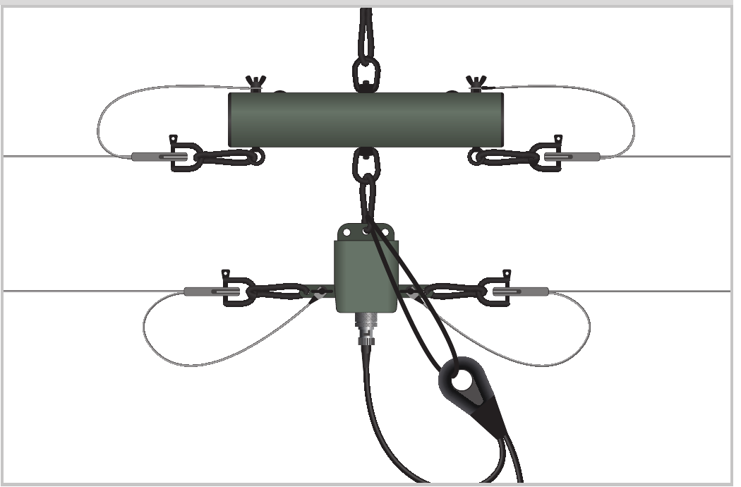 Radio cable connected to the balun with strain relief cable on the top snap hook