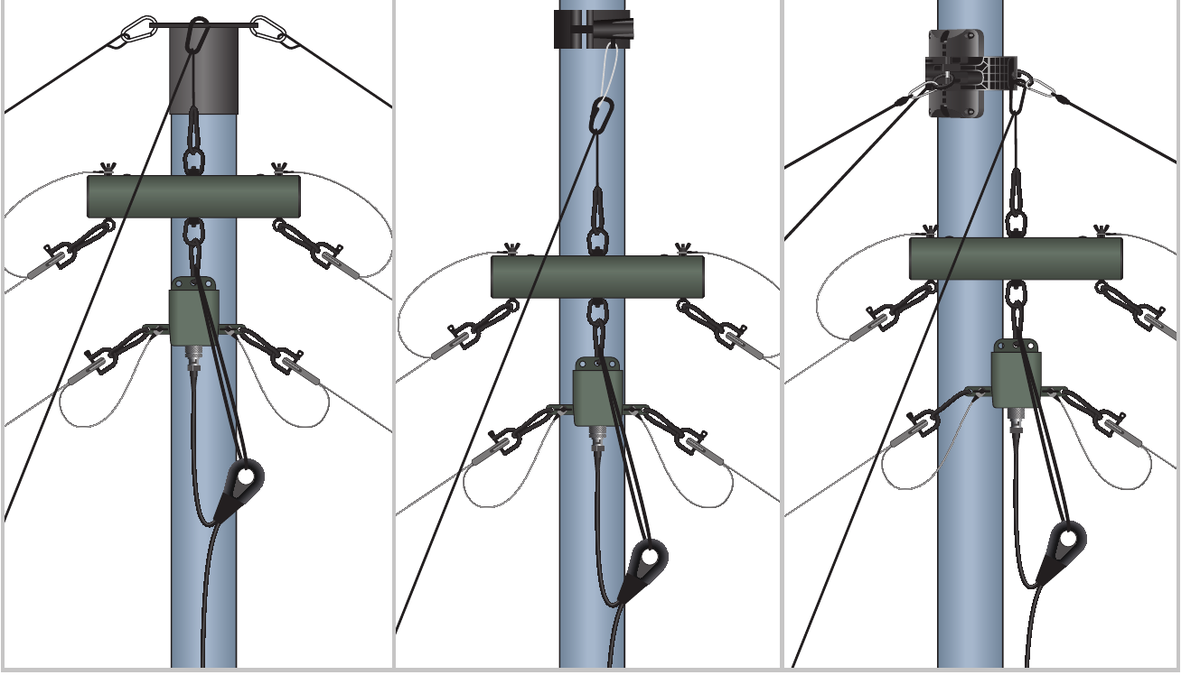 Antenna assembly raised up the mast on the hoist rope &mdash; top cap route and secondary cuff route