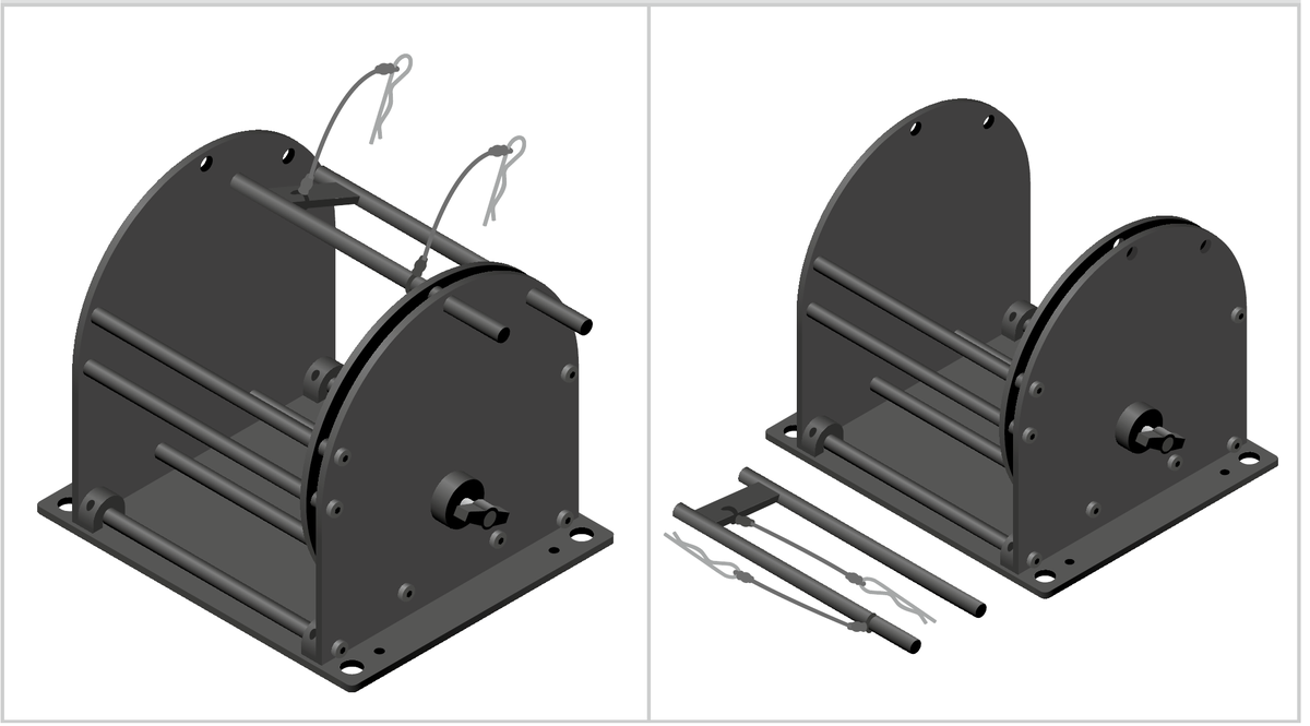 The two top bars being slid out of the Rolacage and laid aside with their retaining pins
