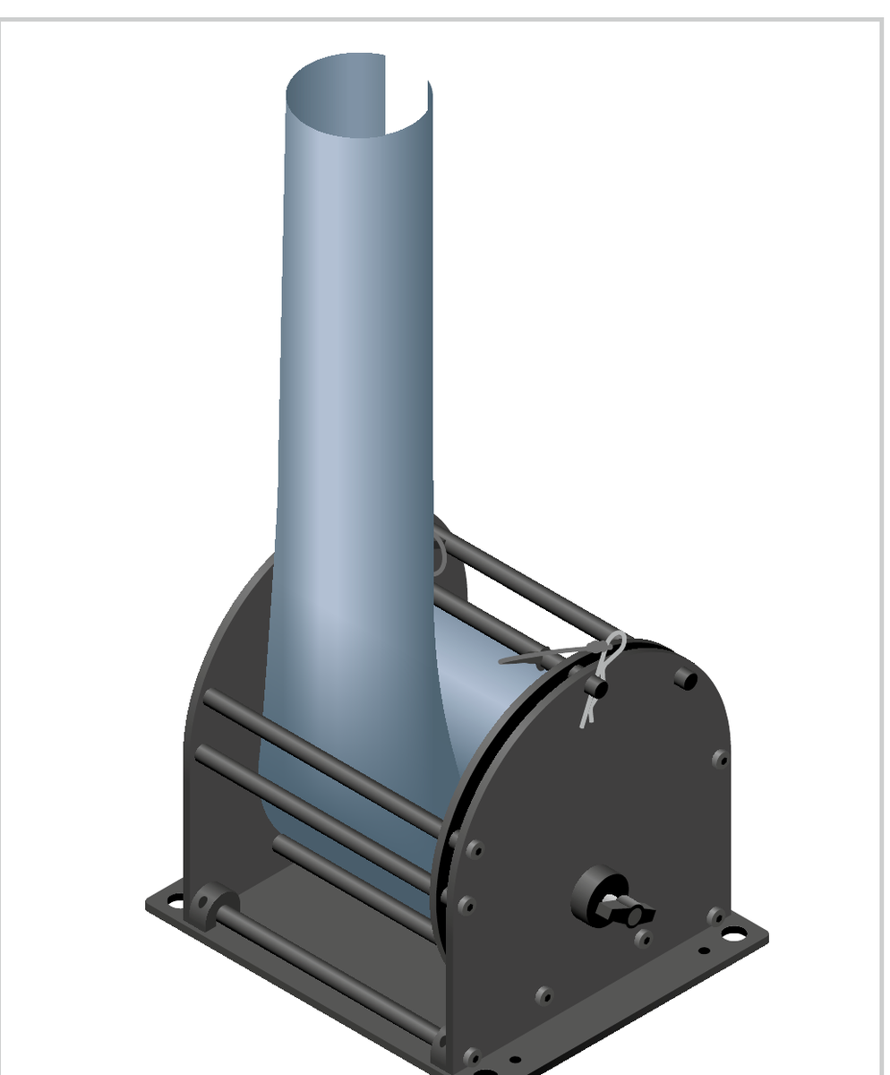 Mast unrolled from the pegged-down Rolacage and held at height by the screw brake